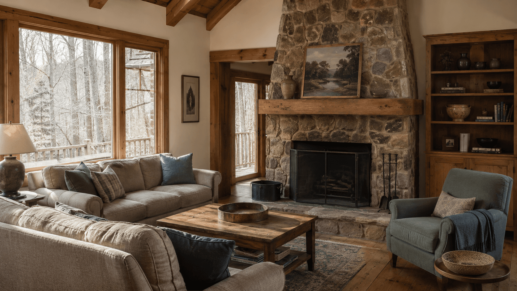 Cabin living room with a fieldstone fireplace, beige sectional and forest windows